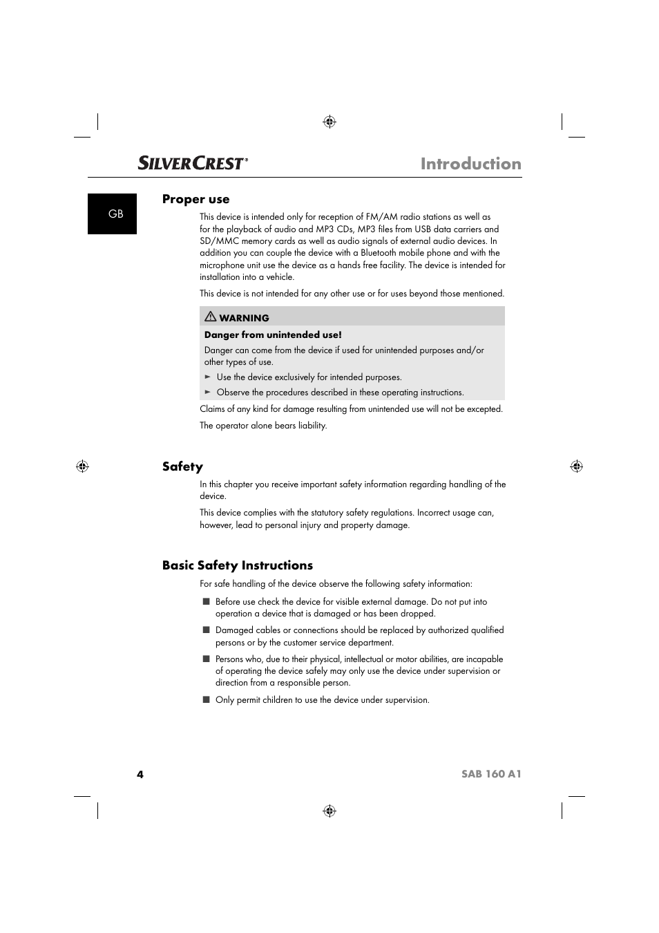 Introduction, Proper use, Safety | Basic safety instructions | Silvercrest SAB 160 A1 User Manual | Page 6 / 242