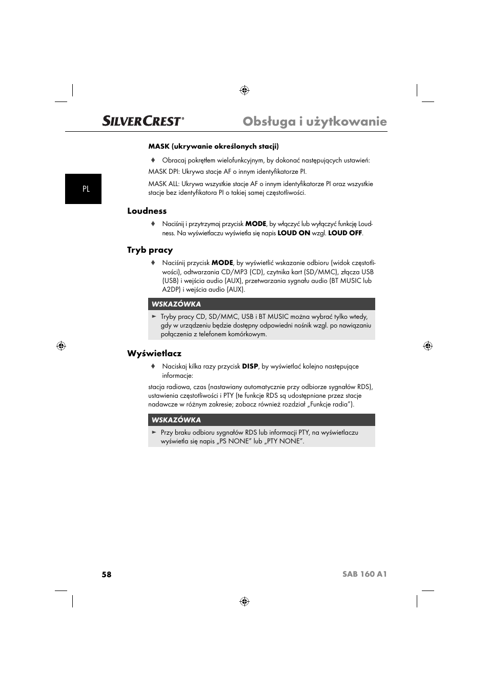 Obsługa i użytkowanie, Loudness, Tryb pracy | Wyświetlacz | Silvercrest SAB 160 A1 User Manual | Page 60 / 242