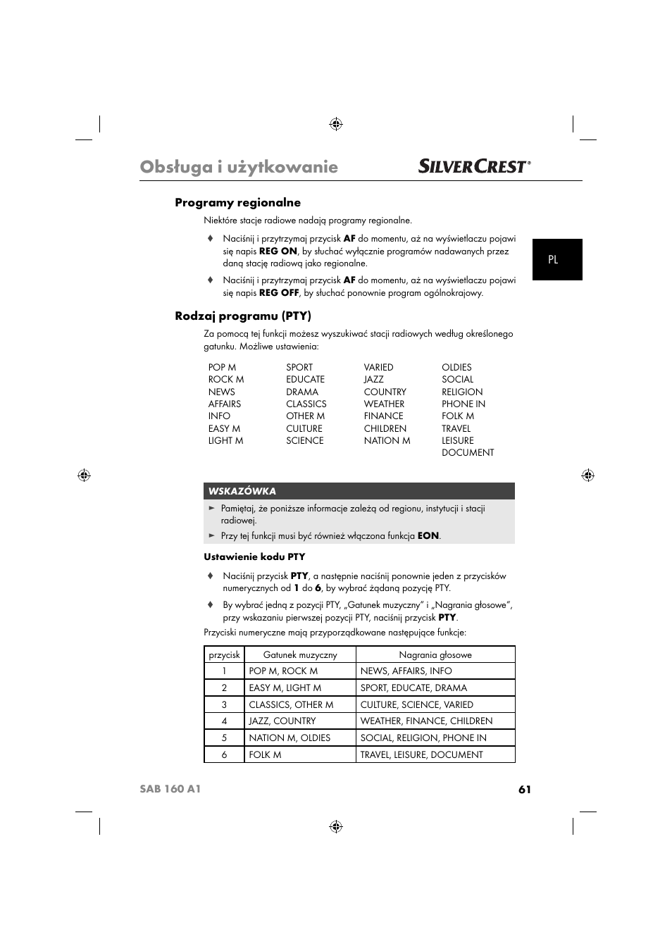 Obsługa i użytkowanie, Pl programy regionalne, Rodzaj programu (pty) | Silvercrest SAB 160 A1 User Manual | Page 63 / 242