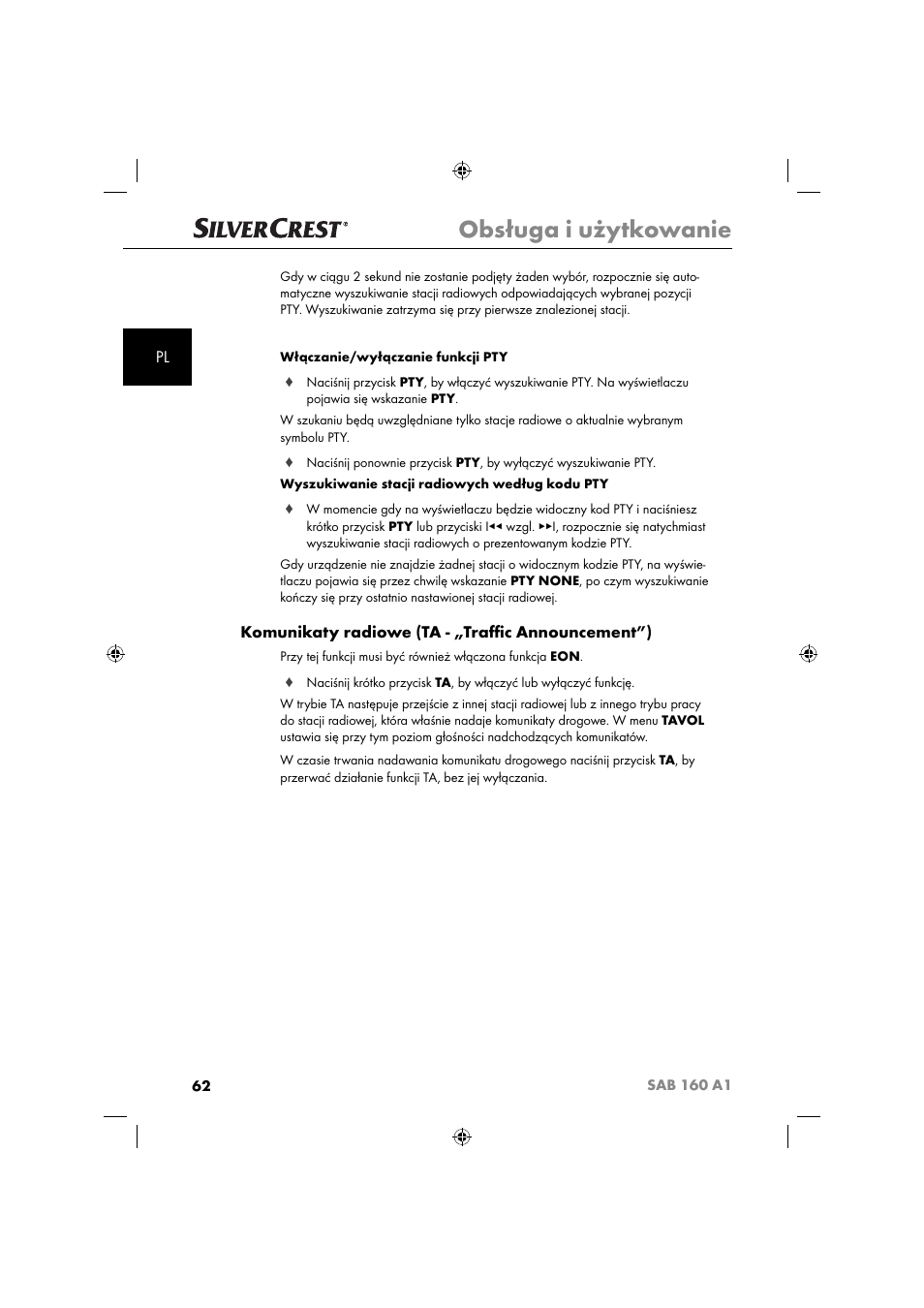 Obsługa i użytkowanie, Komunikaty radiowe (ta - „traﬃ c announcement”) | Silvercrest SAB 160 A1 User Manual | Page 64 / 242