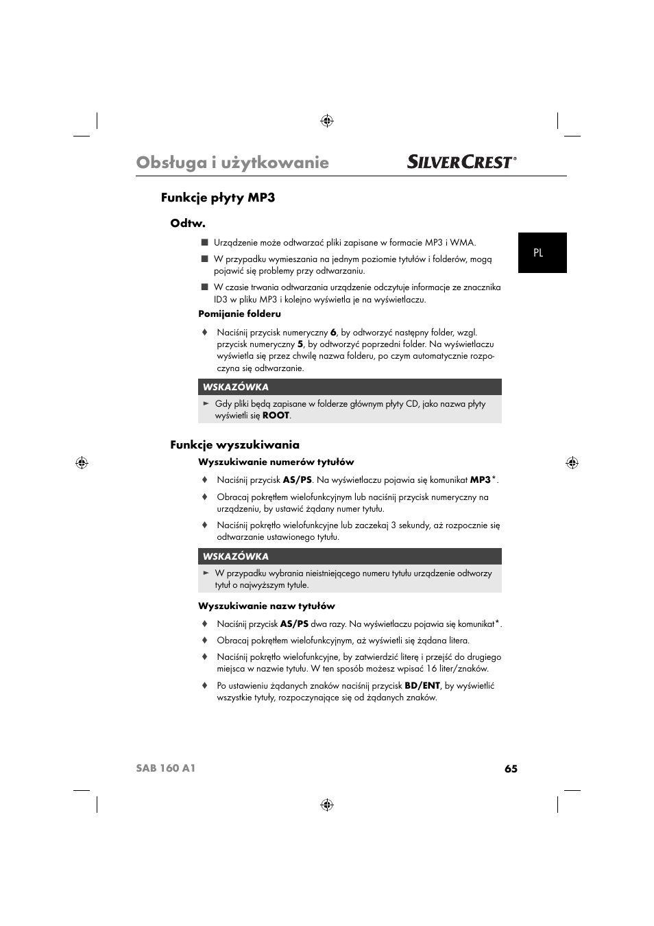 Obsługa i użytkowanie, Funkcje płyty mp3, Odtw | Funkcje wyszukiwania | Silvercrest SAB 160 A1 User Manual | Page 67 / 242