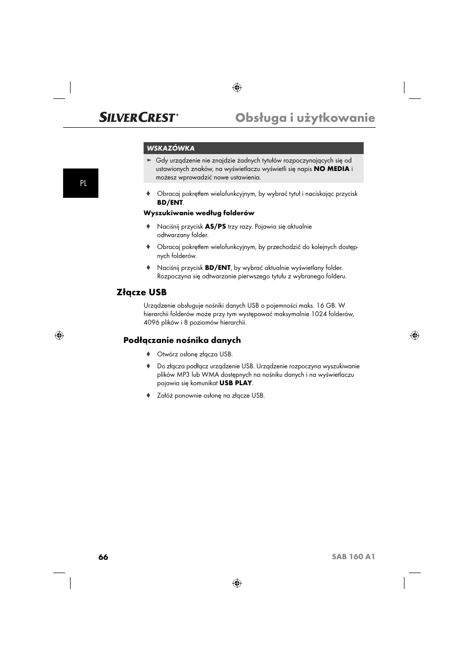 Obsługa i użytkowanie, Złącze usb, Podłączanie nośnika danych | Silvercrest SAB 160 A1 User Manual | Page 68 / 242