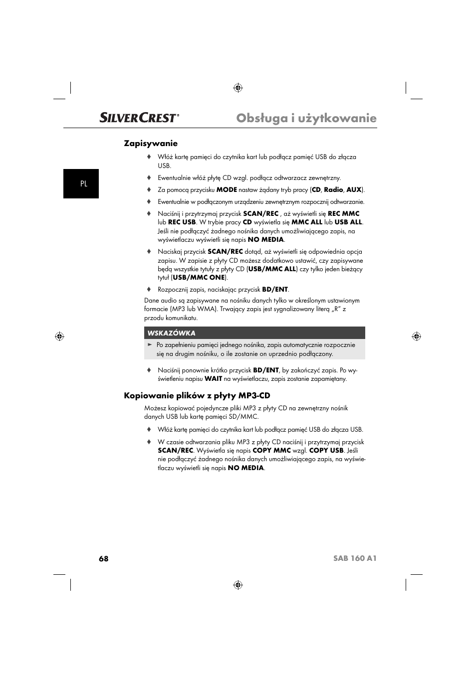 Obsługa i użytkowanie, Pl zapisywanie, Kopiowanie plików z płyty mp3-cd | Silvercrest SAB 160 A1 User Manual | Page 70 / 242