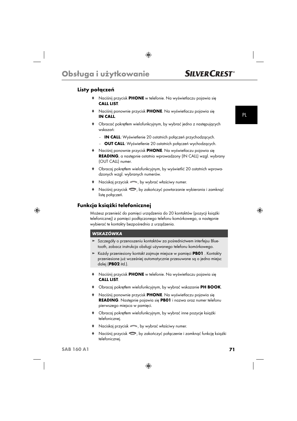 Obsługa i użytkowanie, Pl listy połączeń, Funkcja książki telefonicznej | Silvercrest SAB 160 A1 User Manual | Page 73 / 242