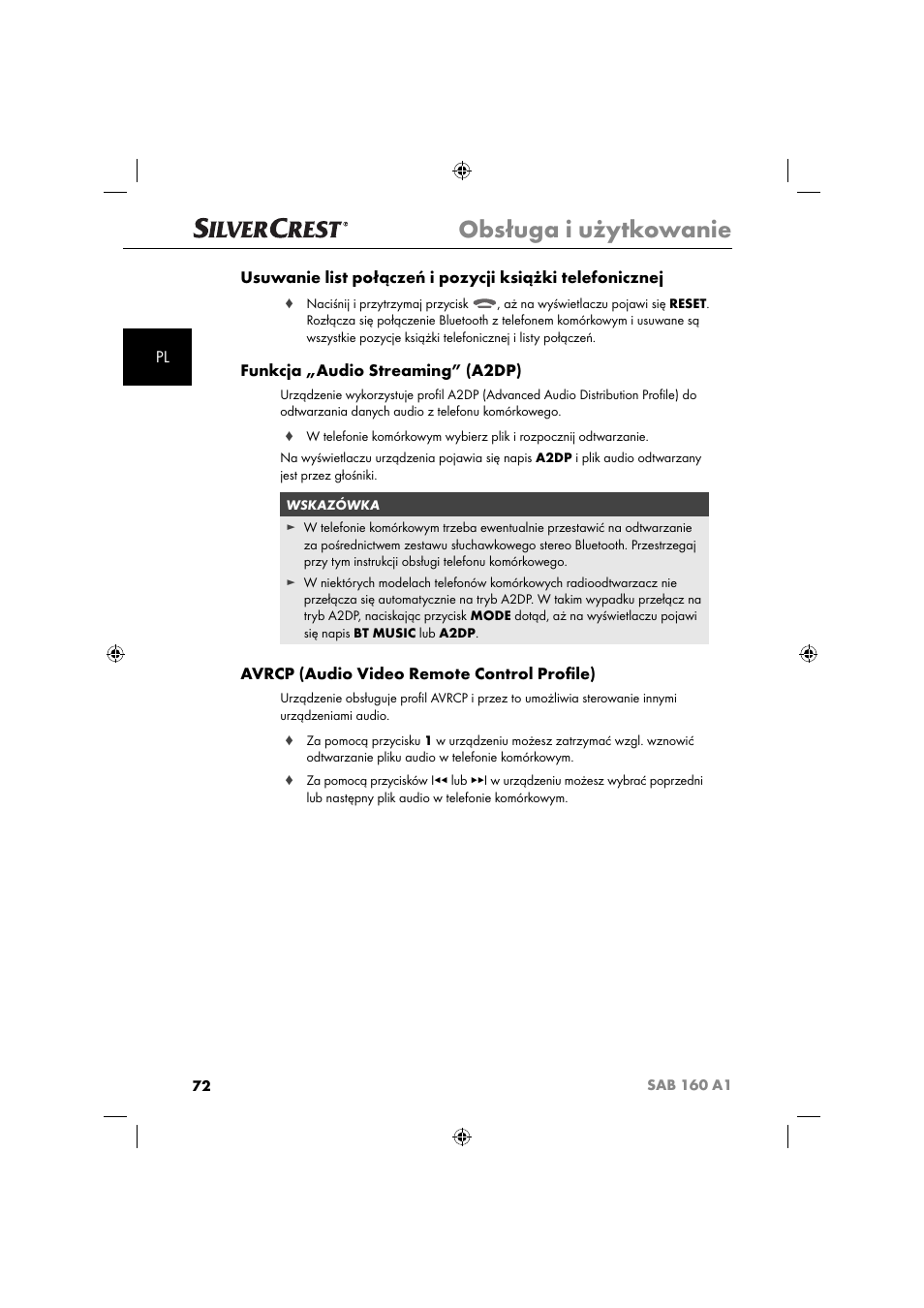 Obsługa i użytkowanie, Funkcja „audio streaming” (a2dp), Avrcp (audio video remote control proﬁ le) | Silvercrest SAB 160 A1 User Manual | Page 74 / 242