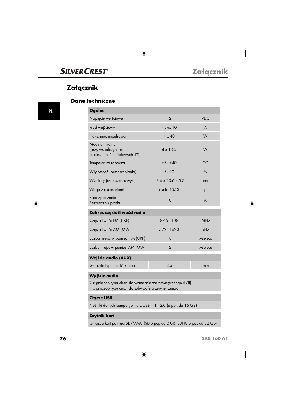Załącznik, Dane techniczne | Silvercrest SAB 160 A1 User Manual | Page 78 / 242