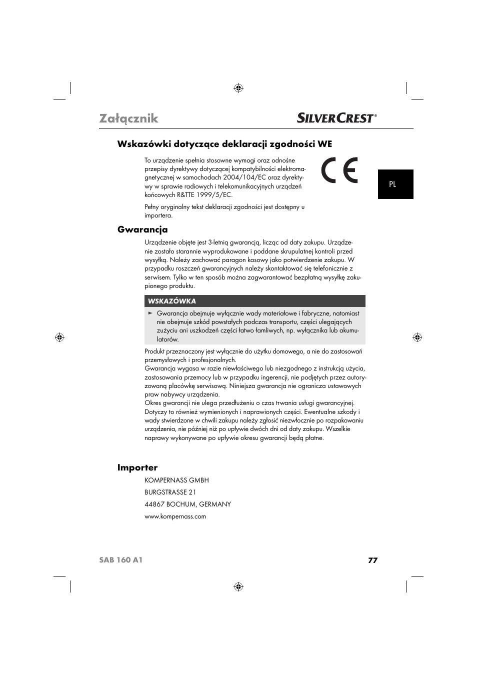 Załącznik, Wskazówki dotyczące deklaracji zgodności we, Gwarancja | Importer | Silvercrest SAB 160 A1 User Manual | Page 79 / 242