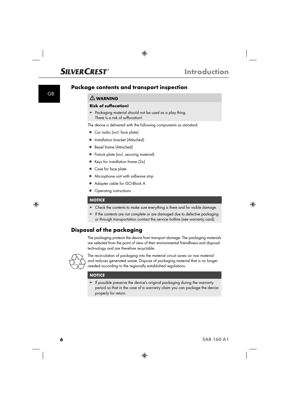 Introduction, Package contents and transport inspection, Disposal of the packaging | Silvercrest SAB 160 A1 User Manual | Page 8 / 242
