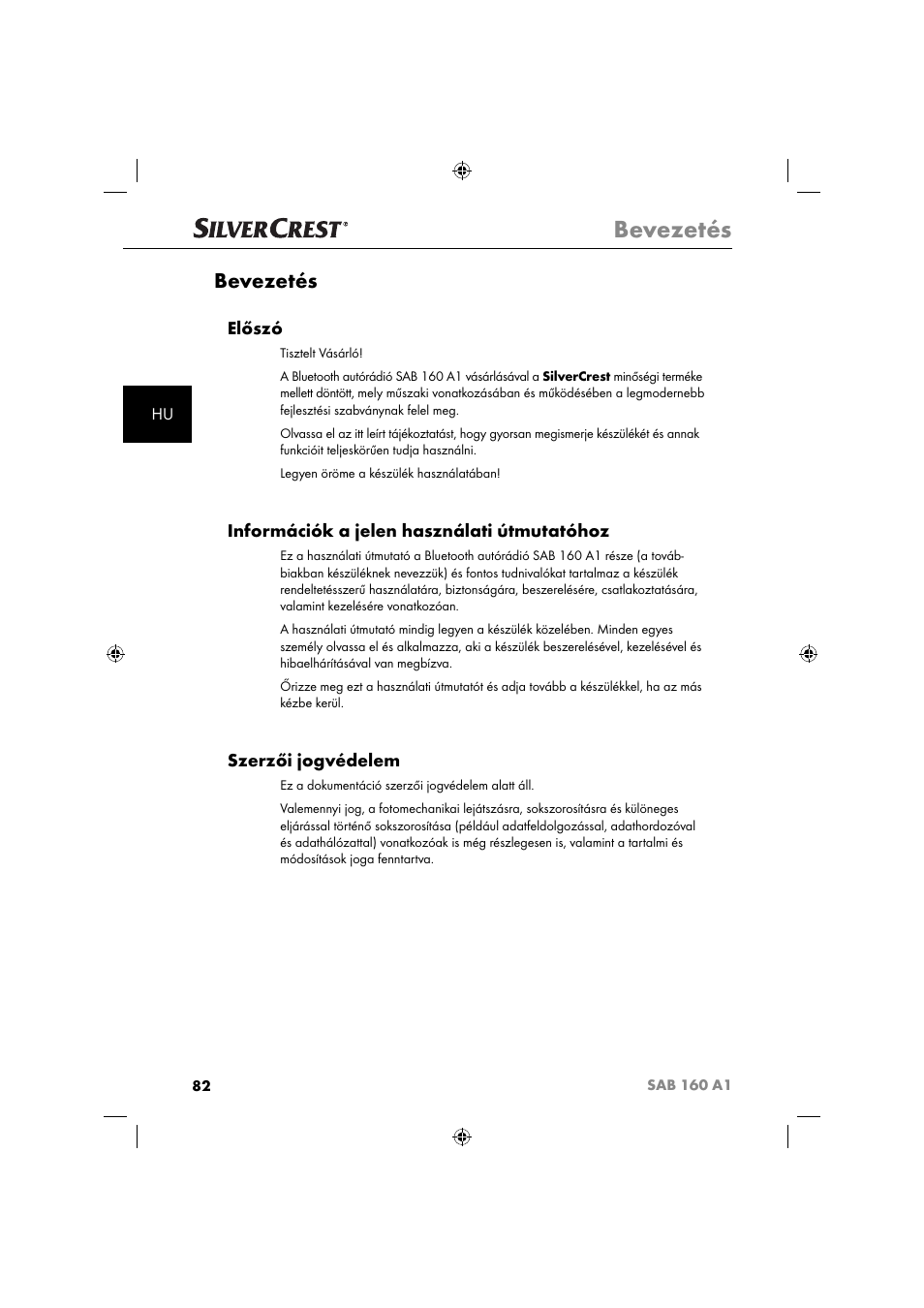 Bevezetés, Előszó, Információk a jelen használati útmutatóhoz | Szerzői jogvédelem | Silvercrest SAB 160 A1 User Manual | Page 84 / 242
