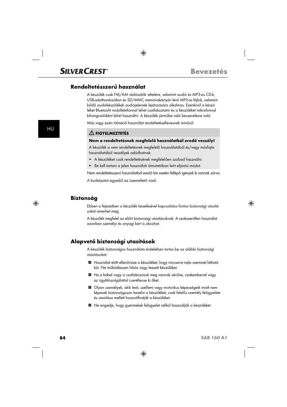 Bevezetés, Rendeltetésszerű használat, Biztonság | Alapvető biztonsági utasítások | Silvercrest SAB 160 A1 User Manual | Page 86 / 242