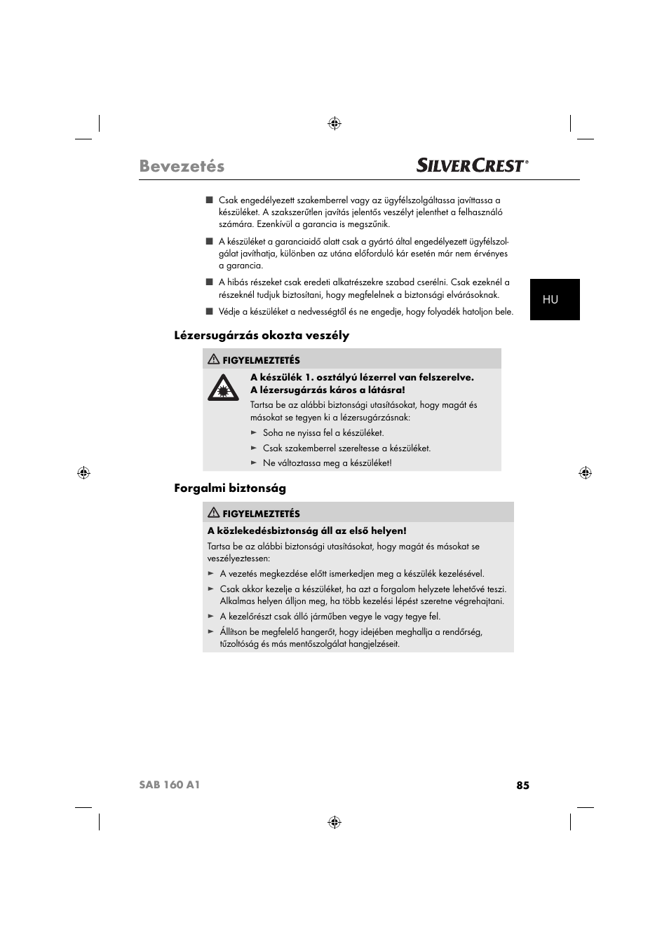 Bevezetés, Lézersugárzás okozta veszély, Forgalmi biztonság | Silvercrest SAB 160 A1 User Manual | Page 87 / 242
