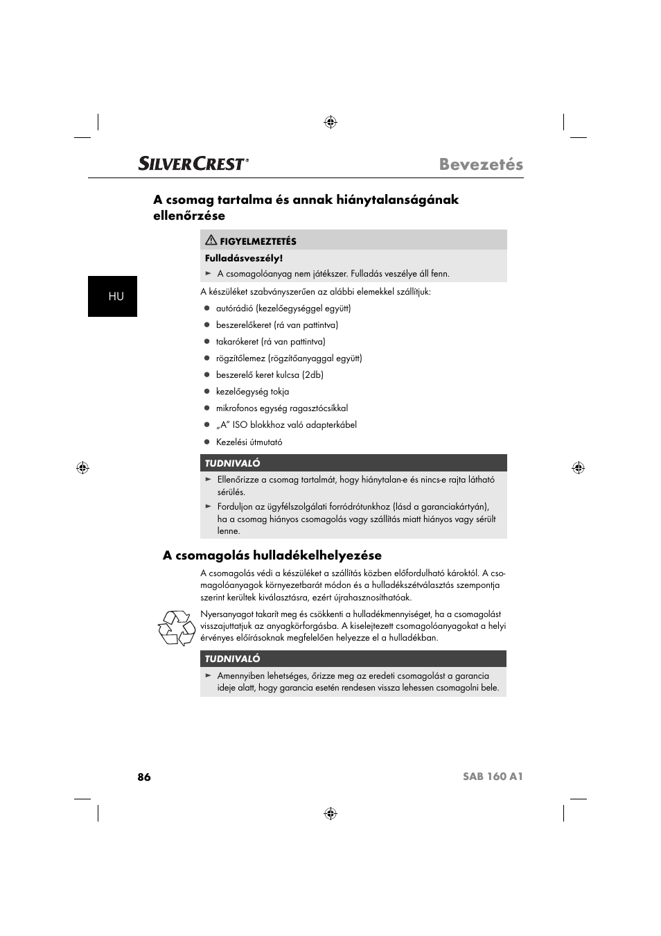 Bevezetés, A csomagolás hulladékelhelyezése | Silvercrest SAB 160 A1 User Manual | Page 88 / 242