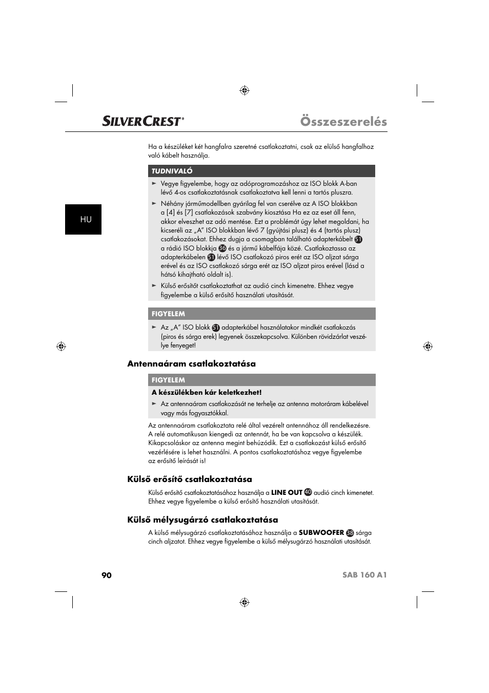 Összeszerelés, Antennaáram csatlakoztatása, Külső erősítő csatlakoztatása | Külső mélysugárzó csatlakoztatása | Silvercrest SAB 160 A1 User Manual | Page 92 / 242
