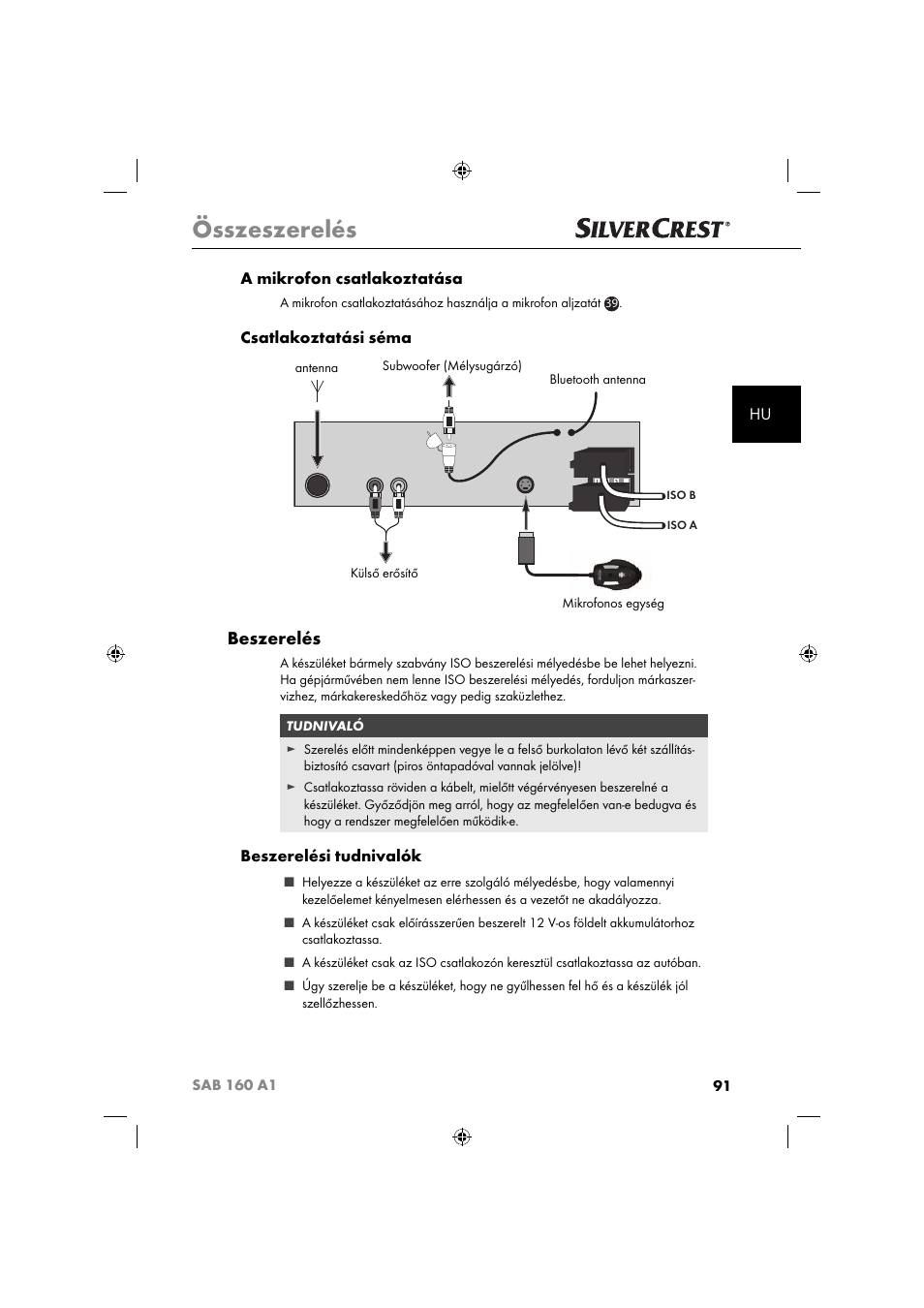 Összeszerelés, Beszerelés, Hu a mikrofon csatlakoztatása | Csatlakoztatási séma, Beszerelési tudnivalók | Silvercrest SAB 160 A1 User Manual | Page 93 / 242