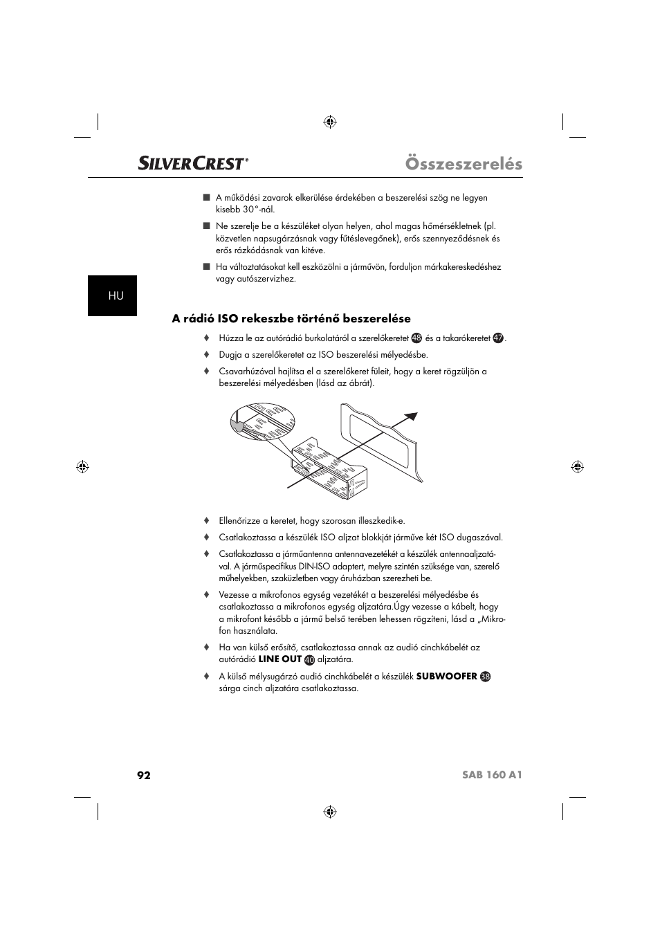 Összeszerelés, A rádió iso rekeszbe történő beszerelése | Silvercrest SAB 160 A1 User Manual | Page 94 / 242