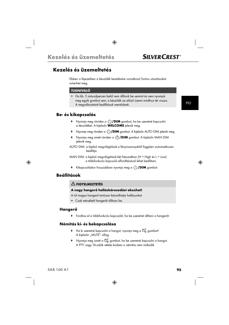 Kezelés és üzemeltetés, Be- és kikapcsolás, Beállítások | Hangerő, Némítás ki- és bekapcsolása | Silvercrest SAB 160 A1 User Manual | Page 97 / 242