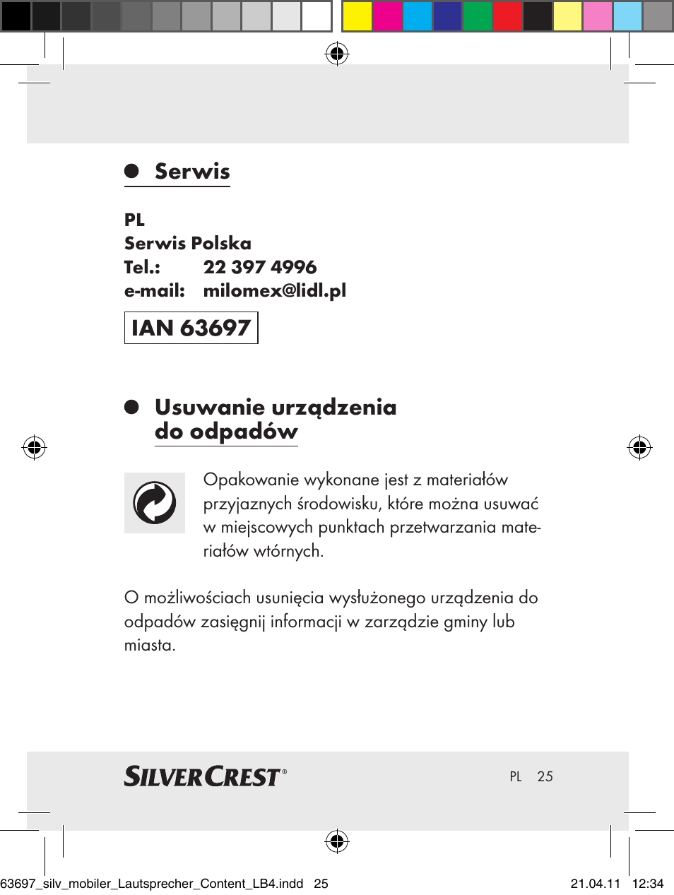 Serwis | Silvercrest Z30813 User Manual | Page 23 / 77