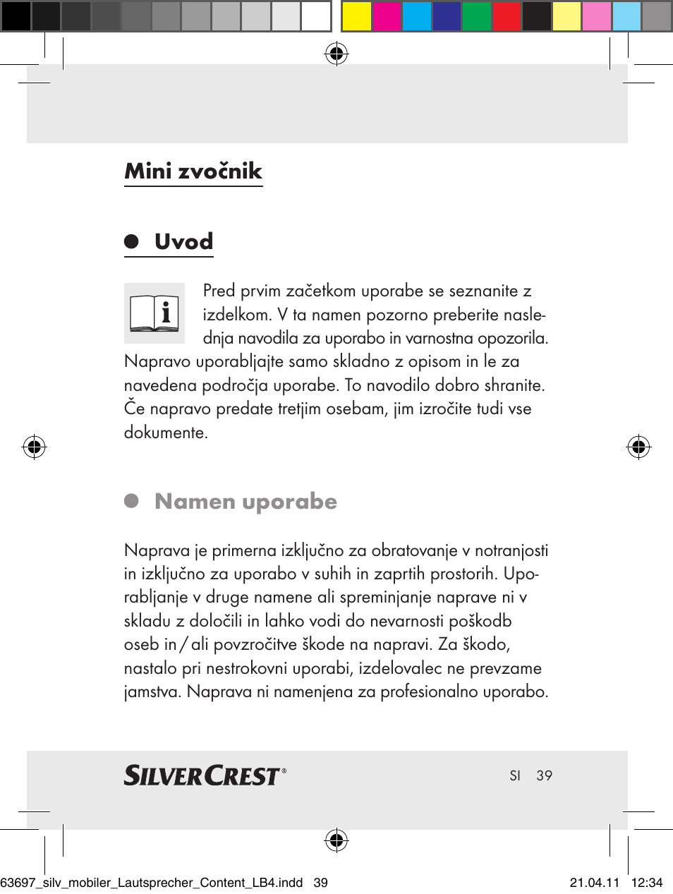 Mini zvočnik uvod, Namen uporabe | Silvercrest Z30813 User Manual | Page 37 / 77