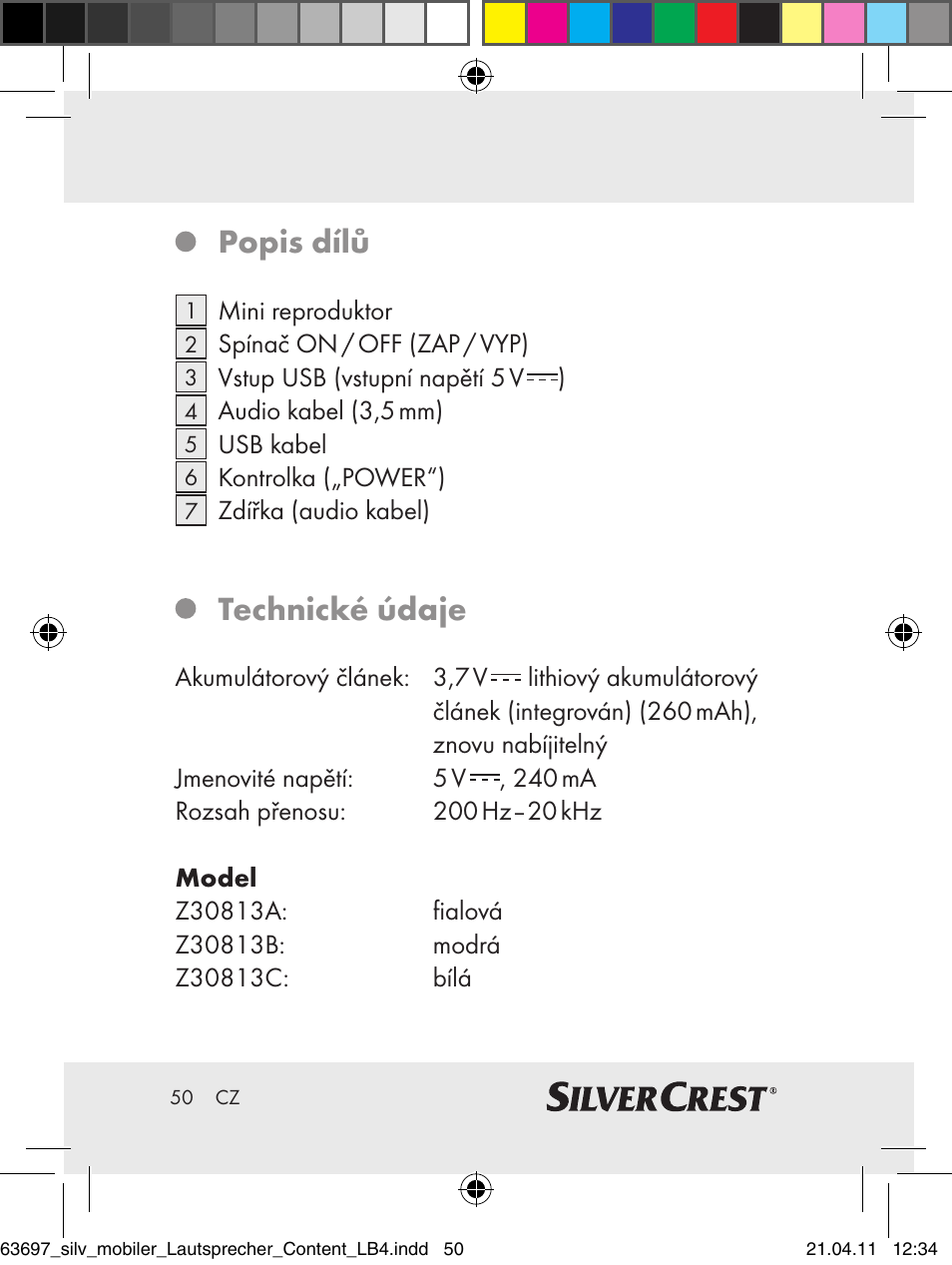 Popis dílů, Technické údaje | Silvercrest Z30813 User Manual | Page 48 / 77