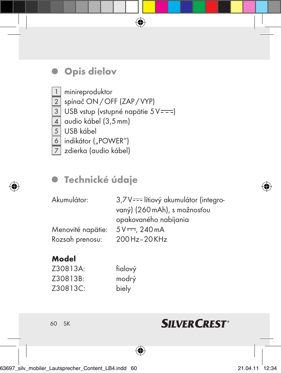 Opis dielov, Technické údaje | Silvercrest Z30813 User Manual | Page 58 / 77