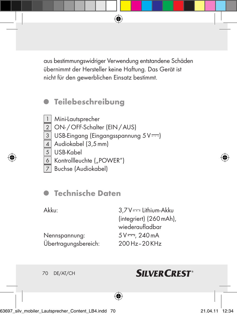 Teilebeschreibung, Technische daten | Silvercrest Z30813 User Manual | Page 68 / 77