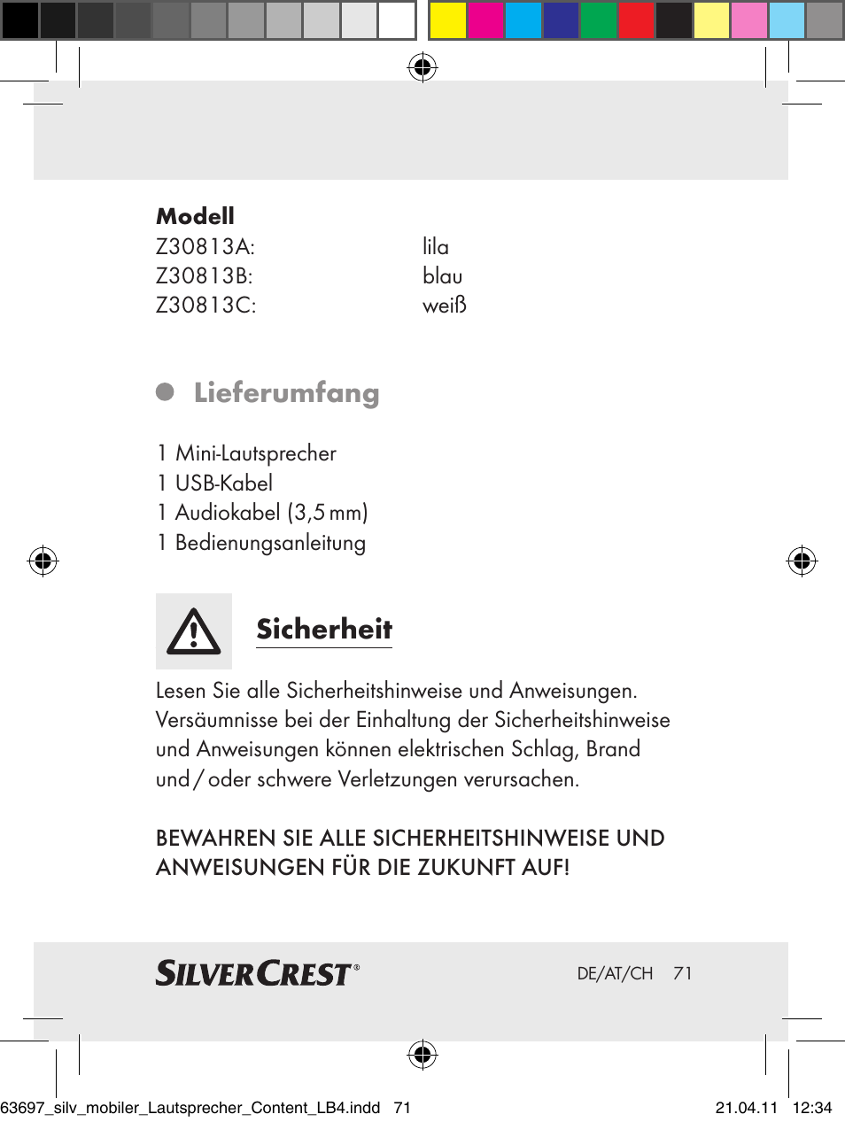 Lieferumfang, Sicherheit | Silvercrest Z30813 User Manual | Page 69 / 77