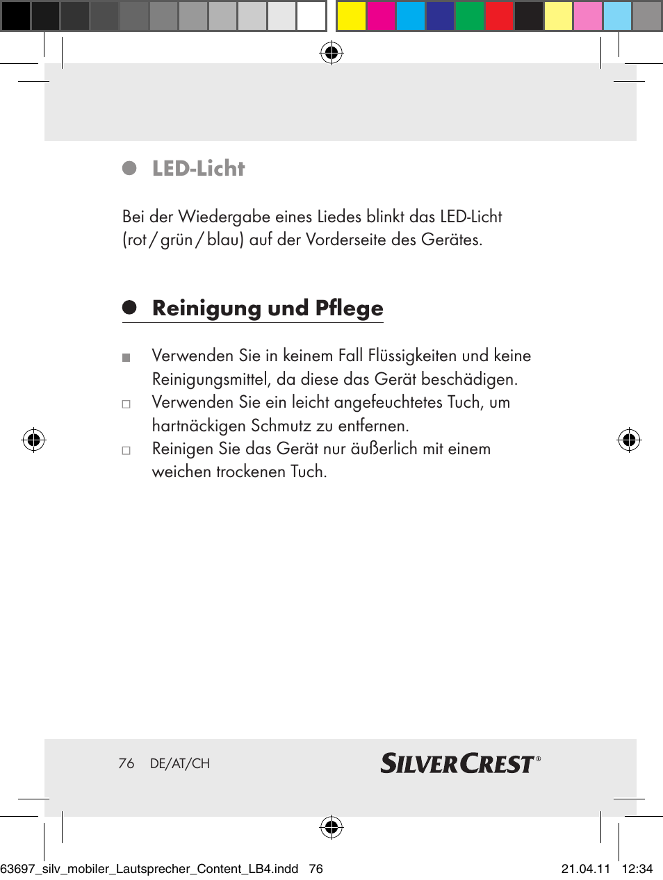 Led-licht, Reinigung und pflege | Silvercrest Z30813 User Manual | Page 74 / 77