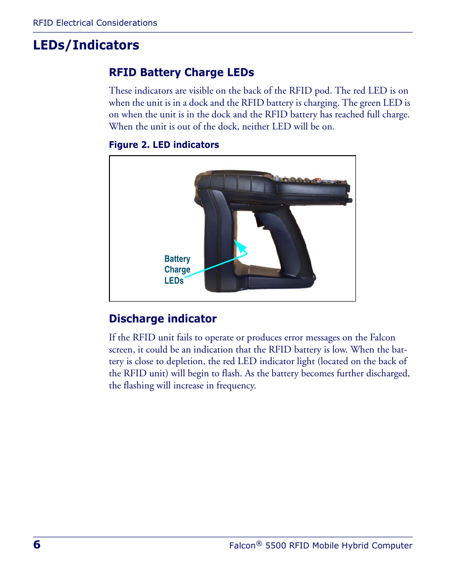 Leds/indicators, Rfid battery charge leds, Discharge indicator | Rfid battery charge leds discharge indicator | PSC Falcon 5500 User Manual | Page 10 / 36