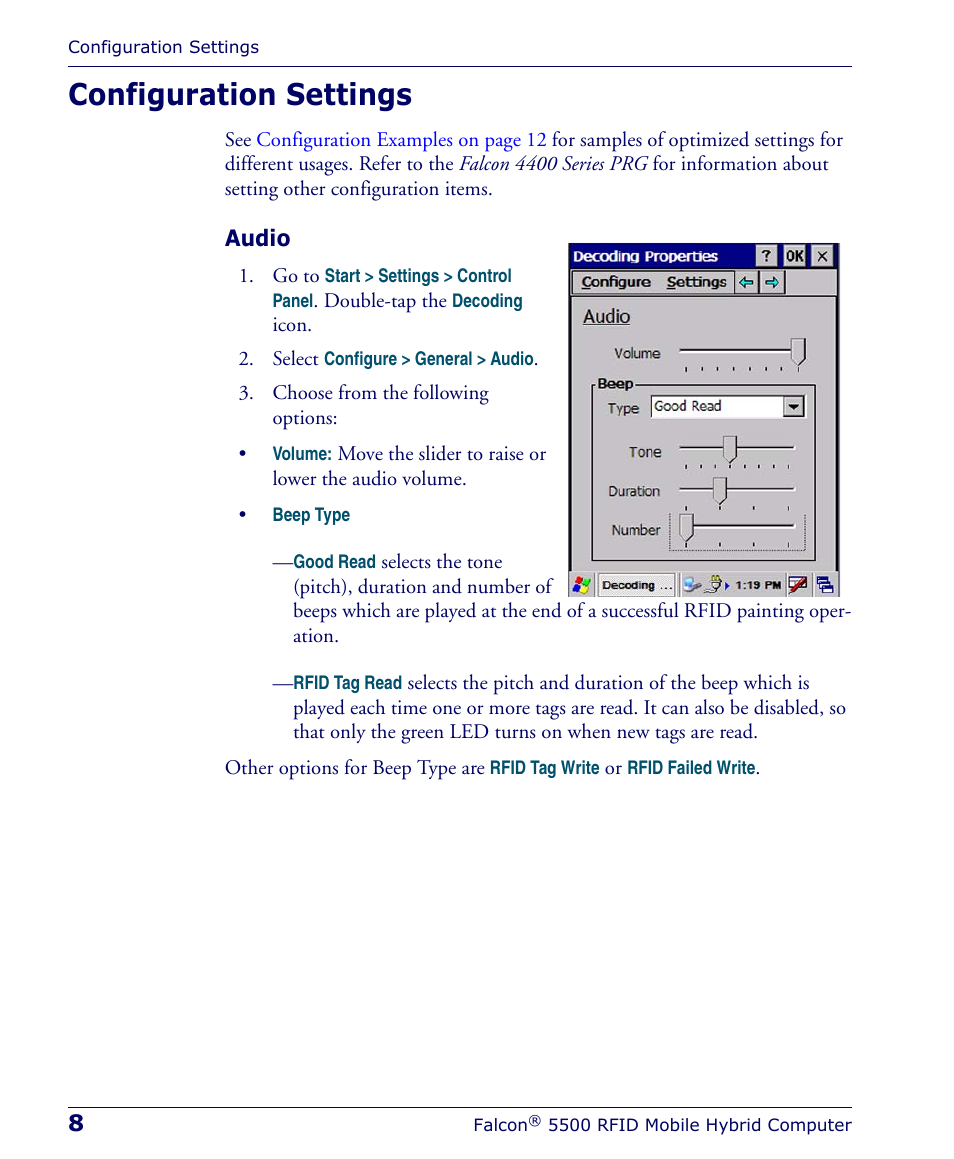 Configuration settings, Audio | PSC Falcon 5500 User Manual | Page 12 / 36