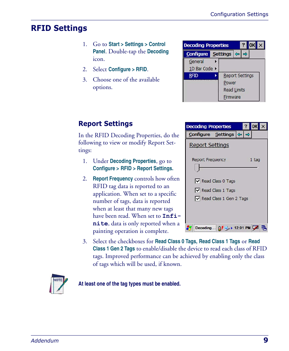 Rfid settings, Report settings | PSC Falcon 5500 User Manual | Page 13 / 36