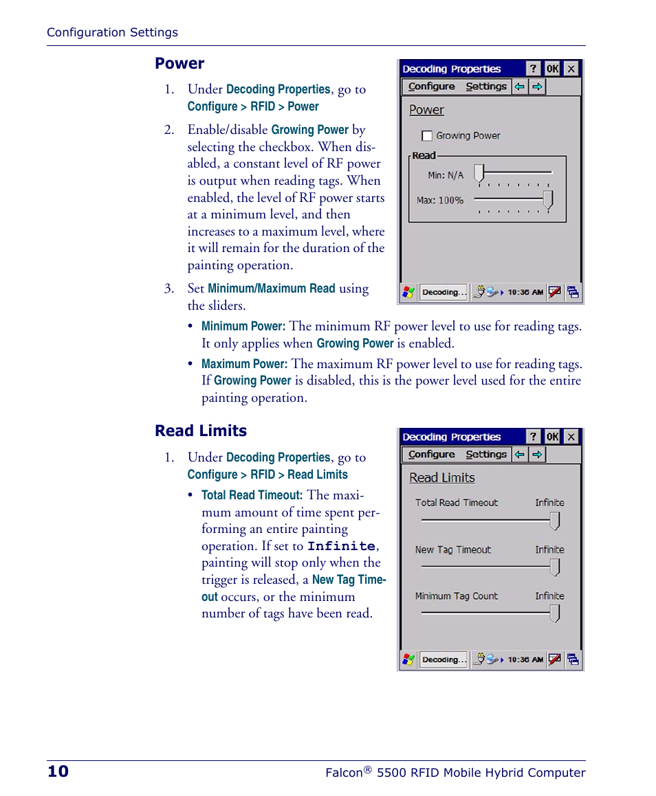 Power, Read limits, Power read limits | PSC Falcon 5500 User Manual | Page 14 / 36