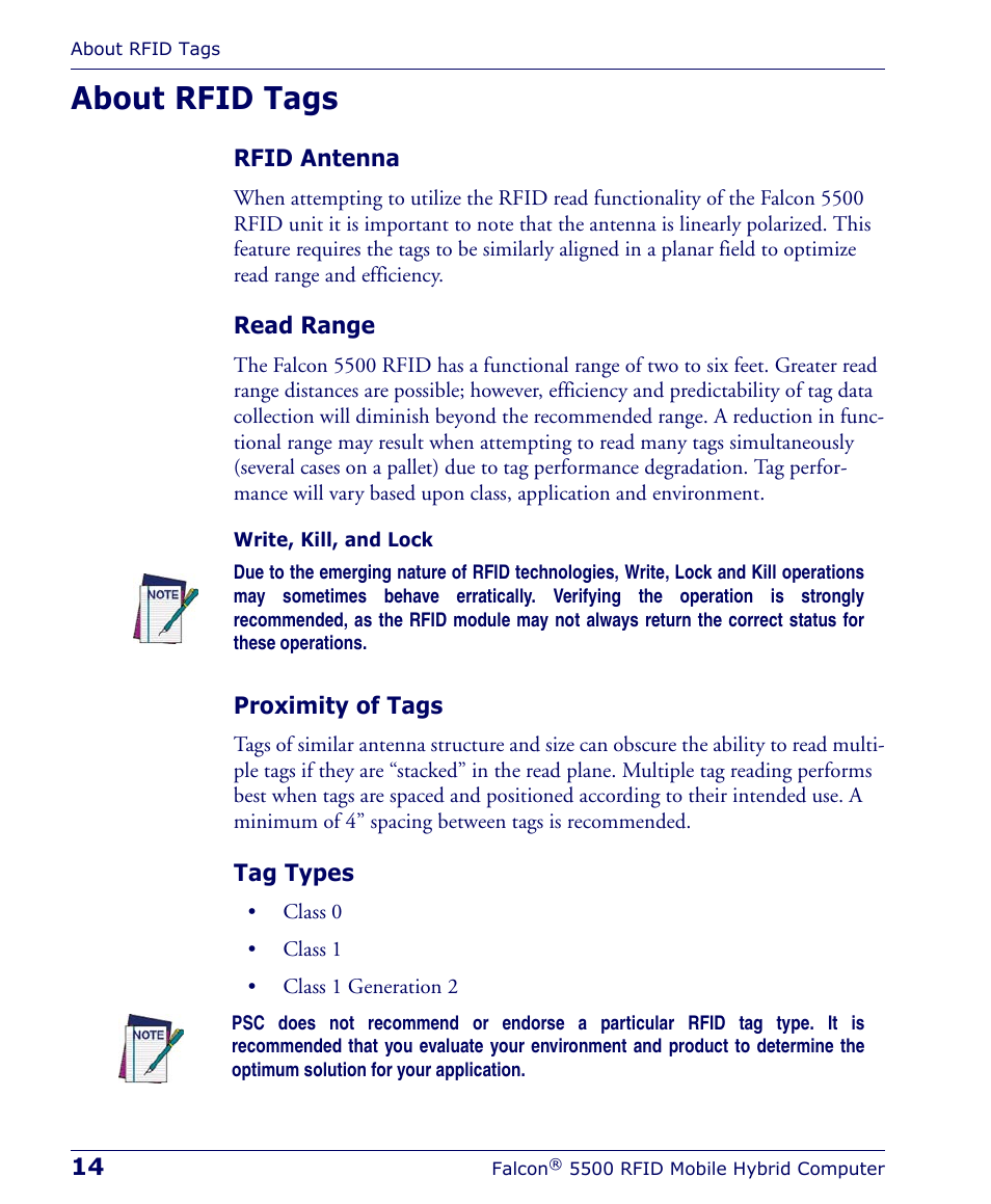 About rfid tags, Rfid antenna, Read range | Proximity of tags, Tag types, About rfid tags on | PSC Falcon 5500 User Manual | Page 18 / 36