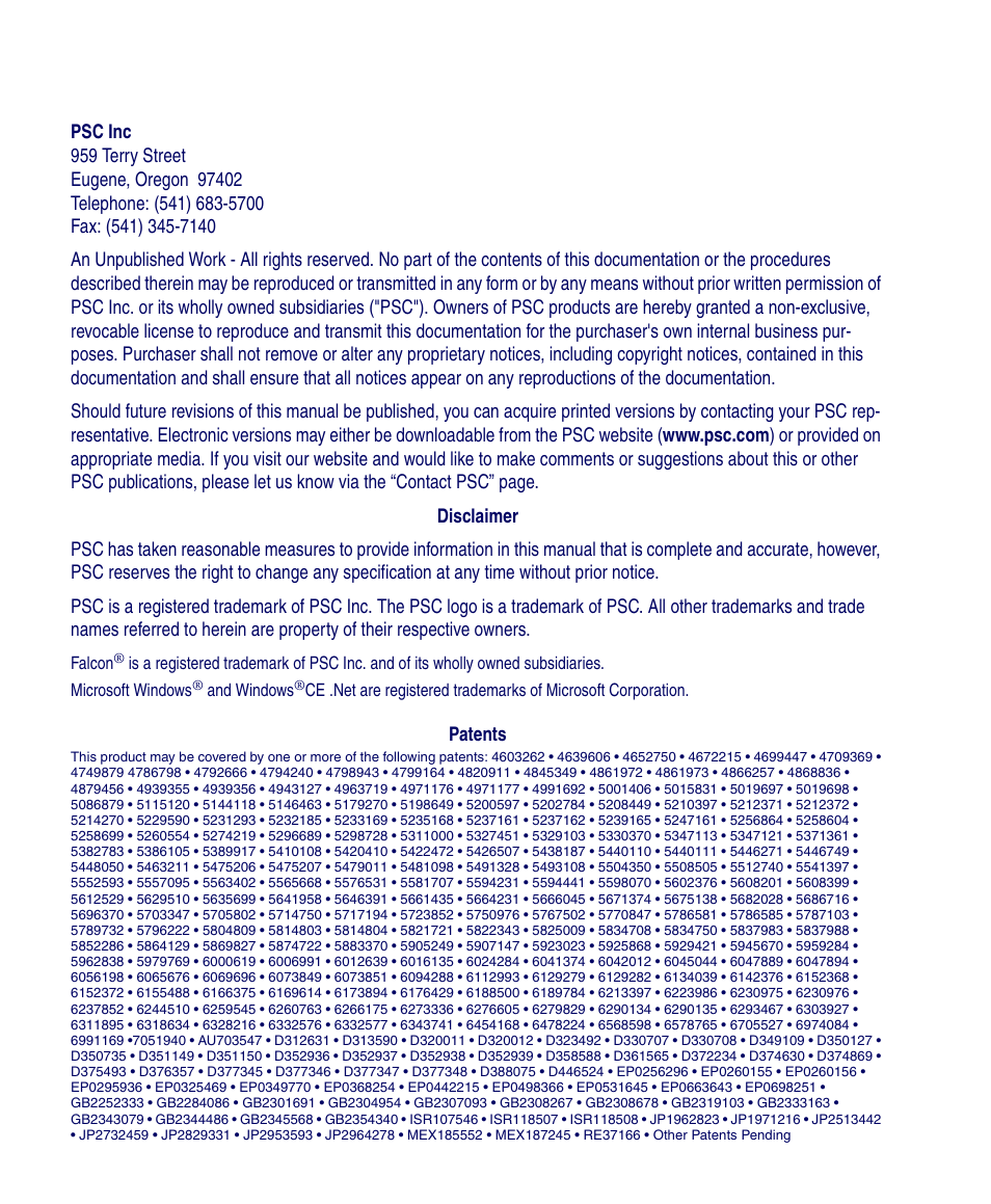 PSC Falcon 5500 User Manual | Page 2 / 36