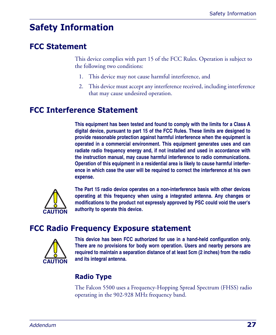 Safety information, Fcc statement, Fcc interference statement | Fcc radio frequency exposure statement, Radio type | PSC Falcon 5500 User Manual | Page 31 / 36