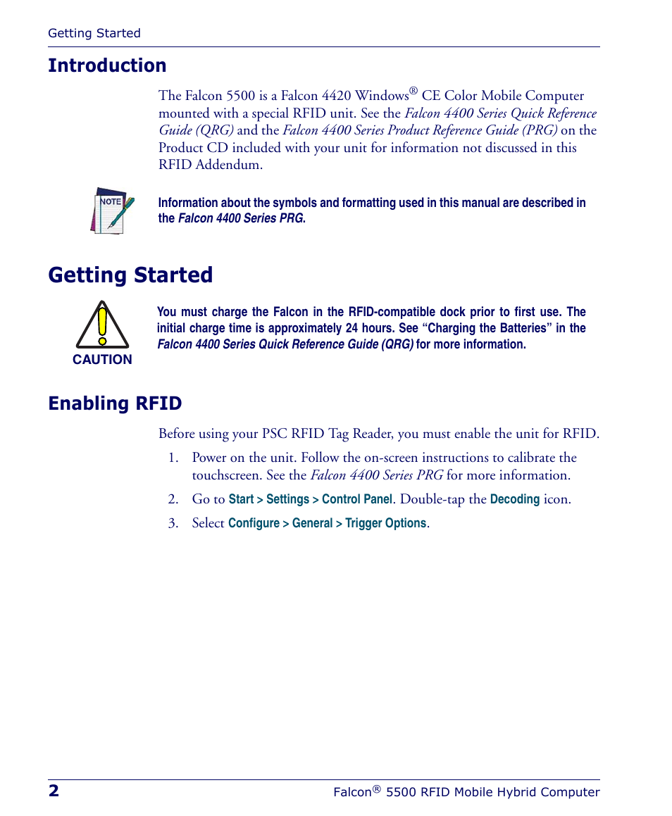 Introduction, Getting started, Enabling rfid | PSC Falcon 5500 User Manual | Page 6 / 36