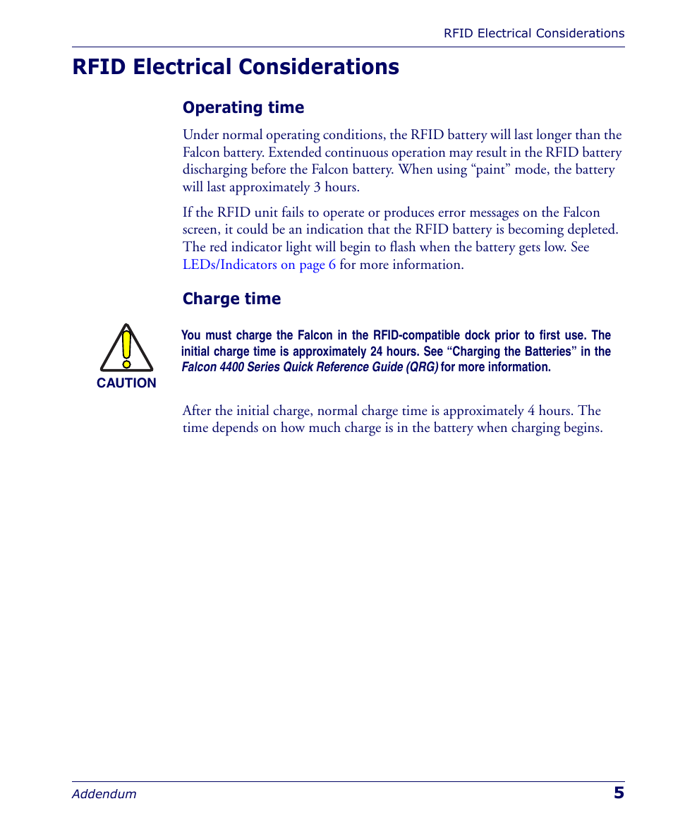 Rfid electrical considerations, Operating time, Charge time | Operating time charge time | PSC Falcon 5500 User Manual | Page 9 / 36
