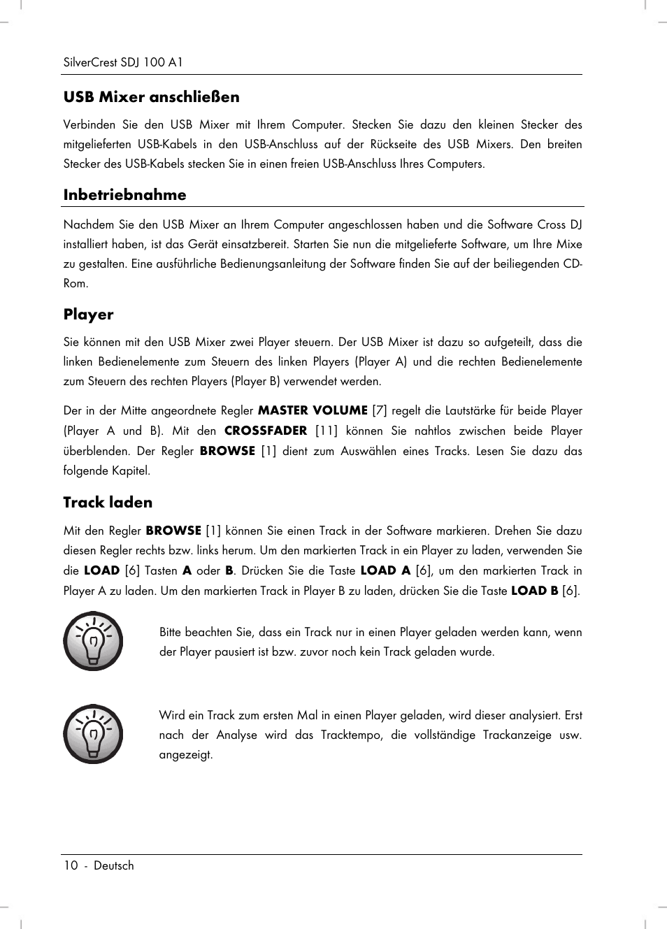 Usb mixer anschließen, Inbetriebnahme, Player | Track laden | Silvercrest SDJ 100 A1 User Manual | Page 12 / 90