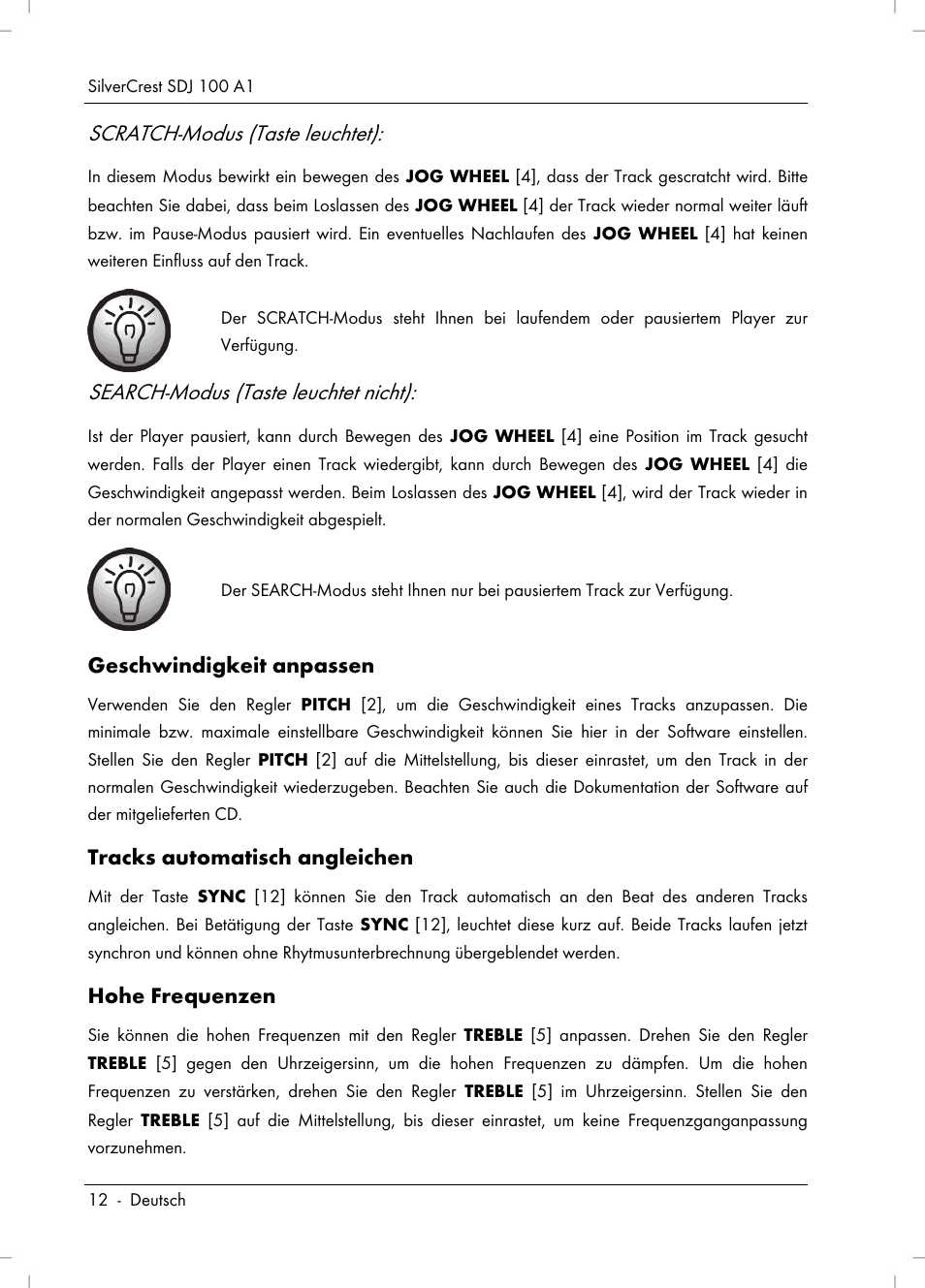Scratch-modus (taste leuchtet), Search-modus (taste leuchtet nicht) | Silvercrest SDJ 100 A1 User Manual | Page 14 / 90