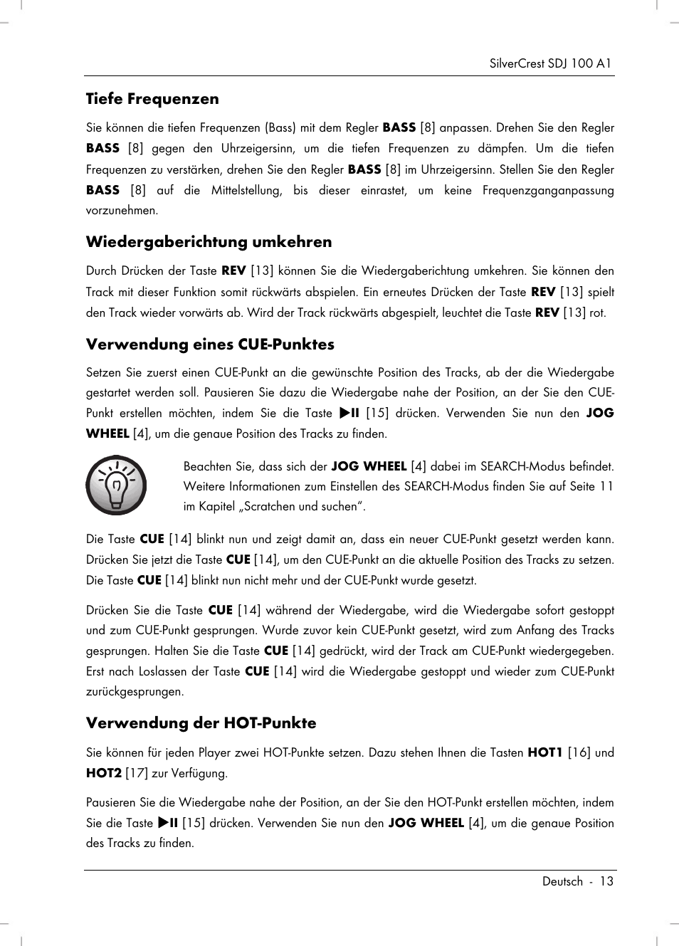 Tiefe frequenzen, Wiedergaberichtung umkehren, Verwendung eines cue-punktes | Verwendung der hot-punkte | Silvercrest SDJ 100 A1 User Manual | Page 15 / 90