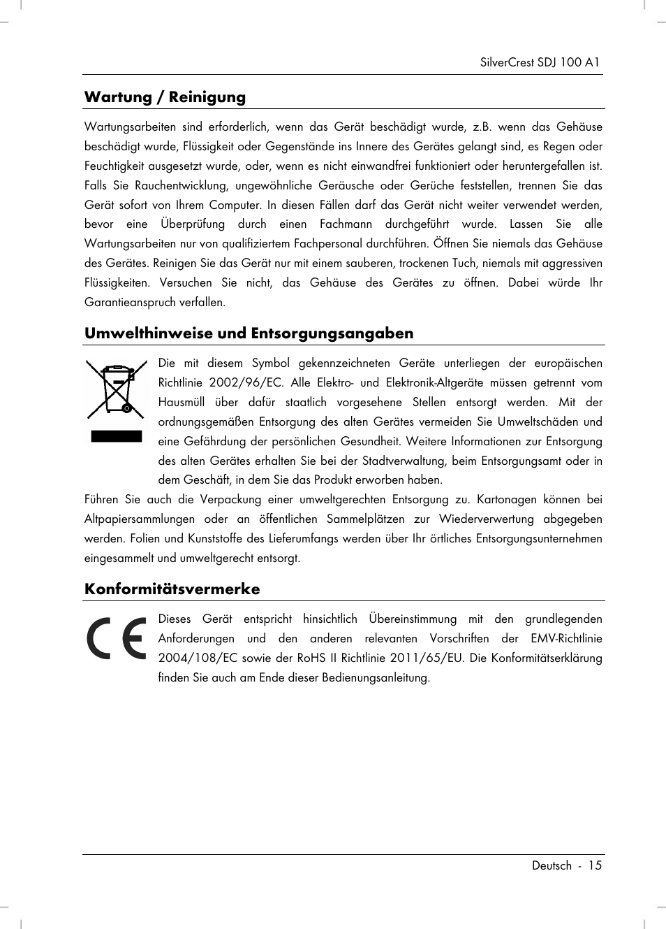 Wartung / reinigung, Umwelthinweise und entsorgungsangaben, Konformitätsvermerke | Silvercrest SDJ 100 A1 User Manual | Page 17 / 90