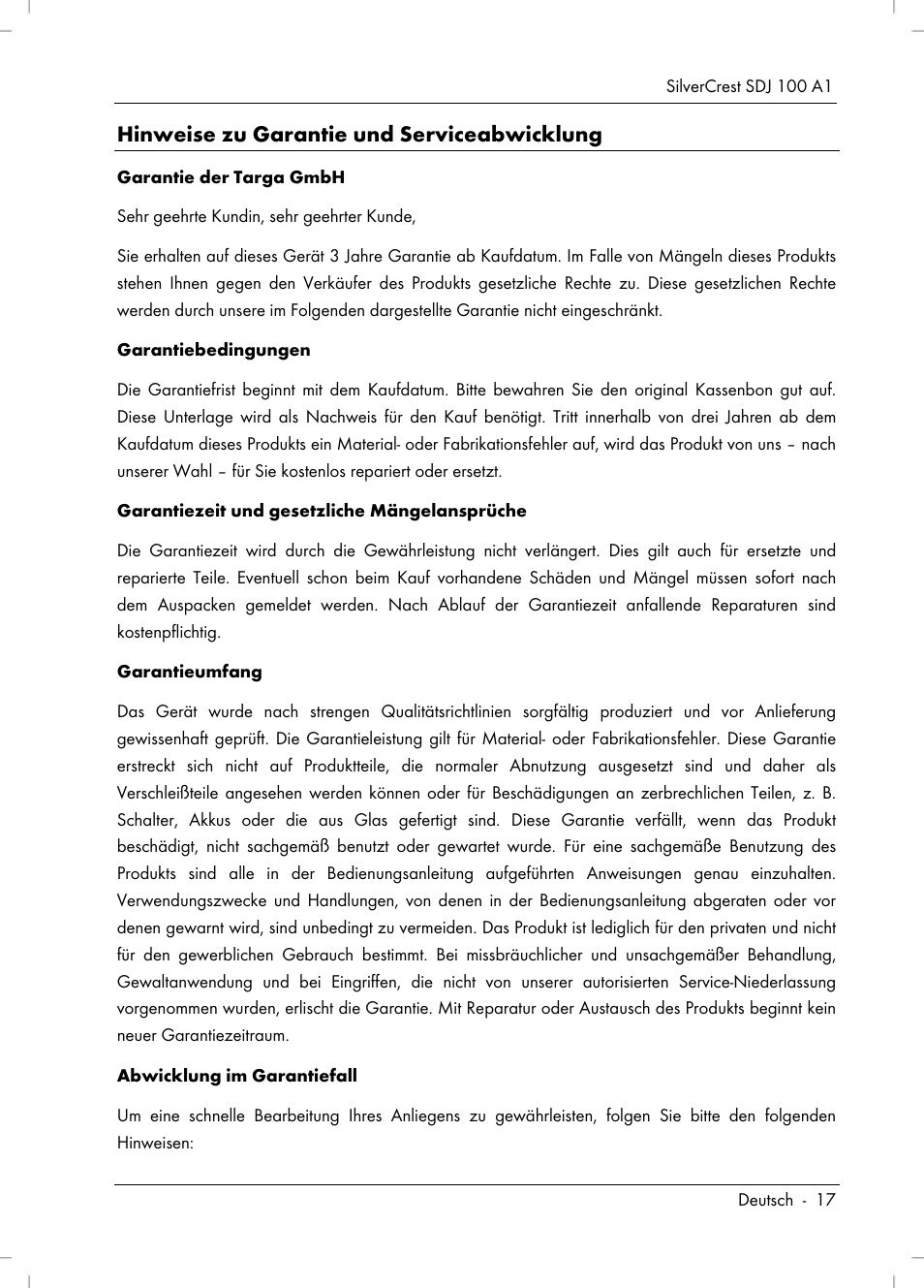 Hinweise zu garantie und serviceabwicklung | Silvercrest SDJ 100 A1 User Manual | Page 19 / 90