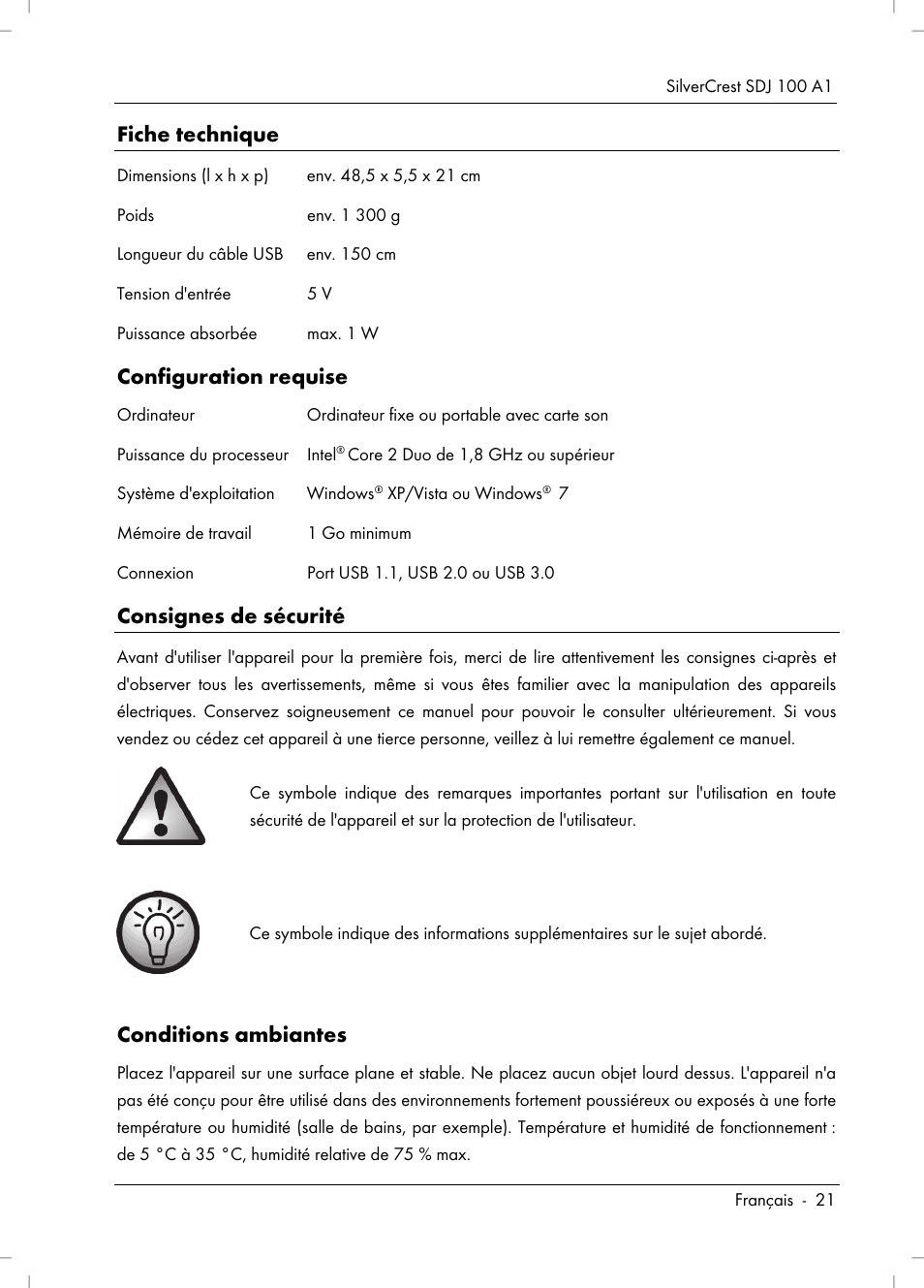 Fiche technique, Configuration requise, Consignes de sécurité | Conditions ambiantes | Silvercrest SDJ 100 A1 User Manual | Page 23 / 90