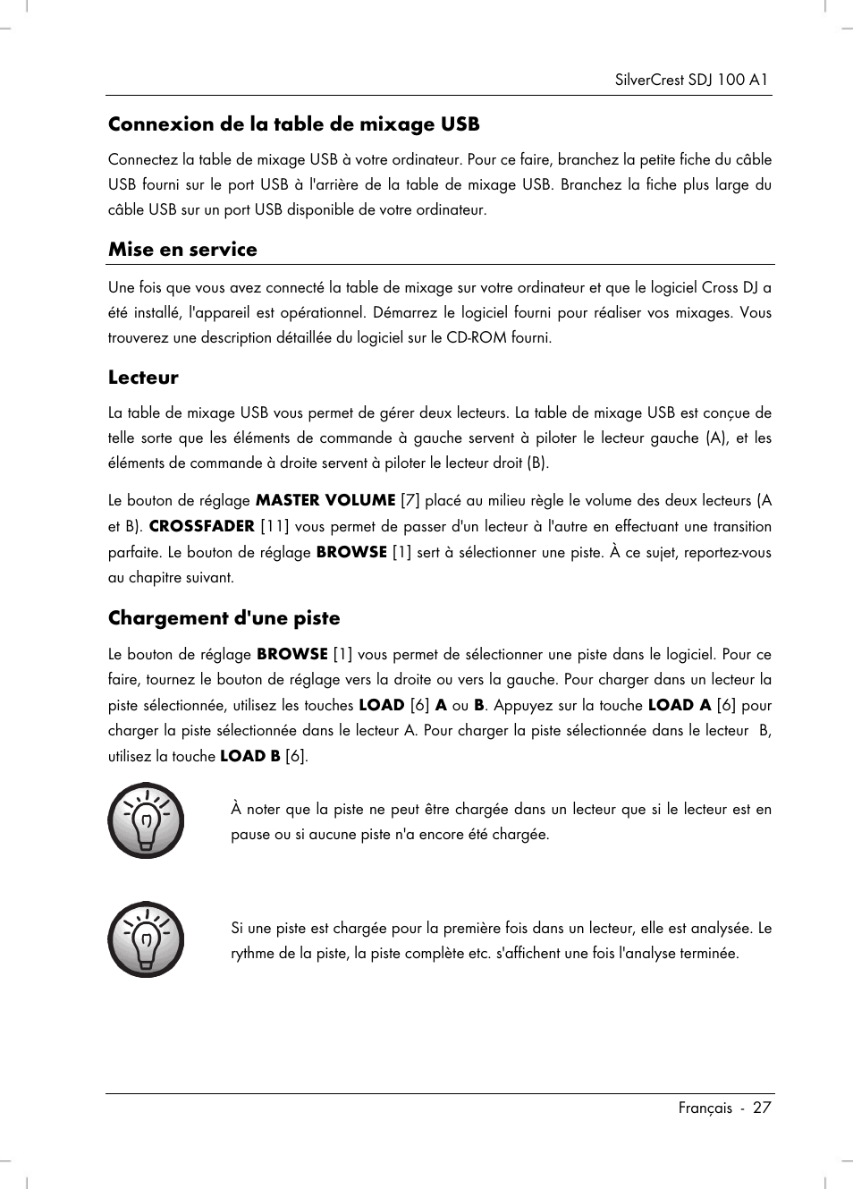 Connexion de la table de mixage usb, Mise en service, Lecteur | Chargement d'une piste | Silvercrest SDJ 100 A1 User Manual | Page 29 / 90