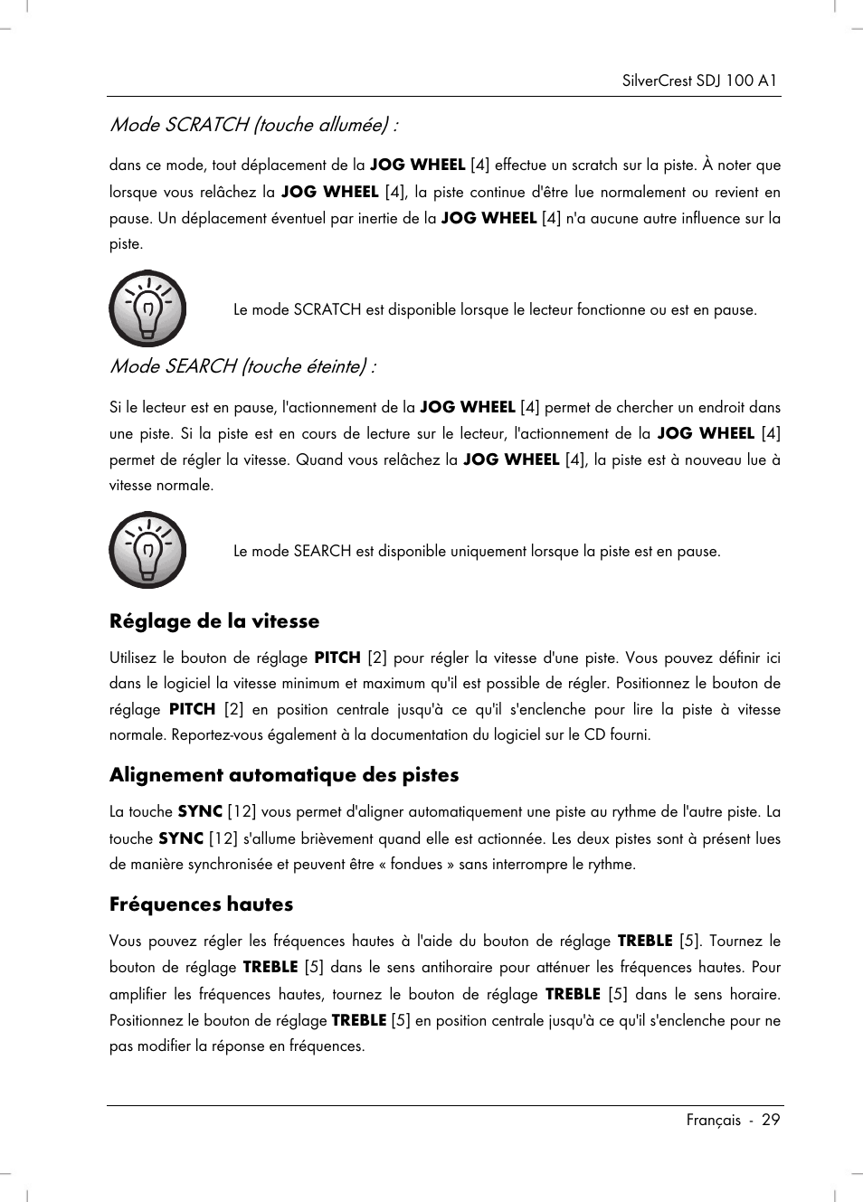 Mode scratch (touche allumée), Mode search (touche éteinte) | Silvercrest SDJ 100 A1 User Manual | Page 31 / 90