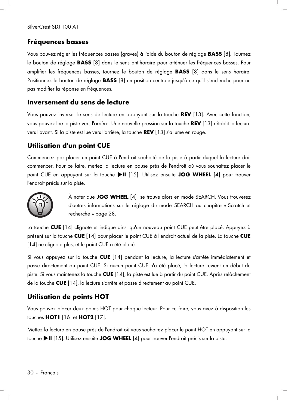 Fréquences basses, Inversement du sens de lecture, Utilisation d'un point cue | Utilisation de points hot | Silvercrest SDJ 100 A1 User Manual | Page 32 / 90