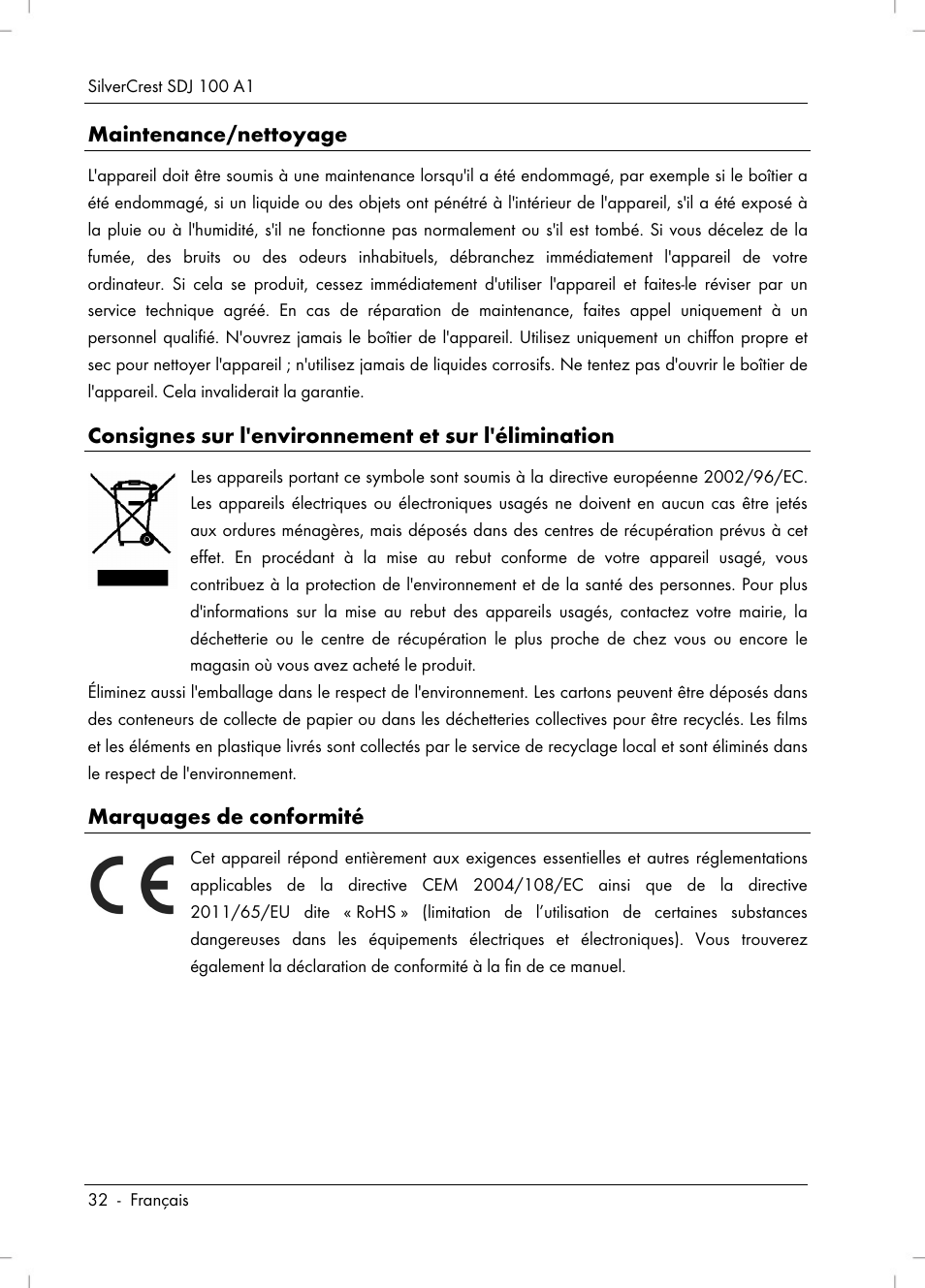 Maintenance/nettoyage, Consignes sur l'environnement et sur l'élimination, Marquages de conformité | Silvercrest SDJ 100 A1 User Manual | Page 34 / 90