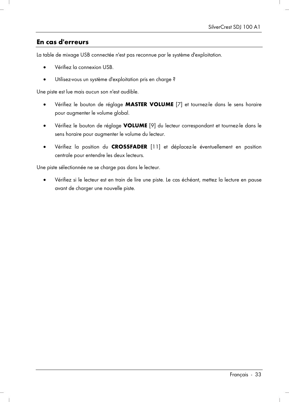 En cas d'erreurs | Silvercrest SDJ 100 A1 User Manual | Page 35 / 90