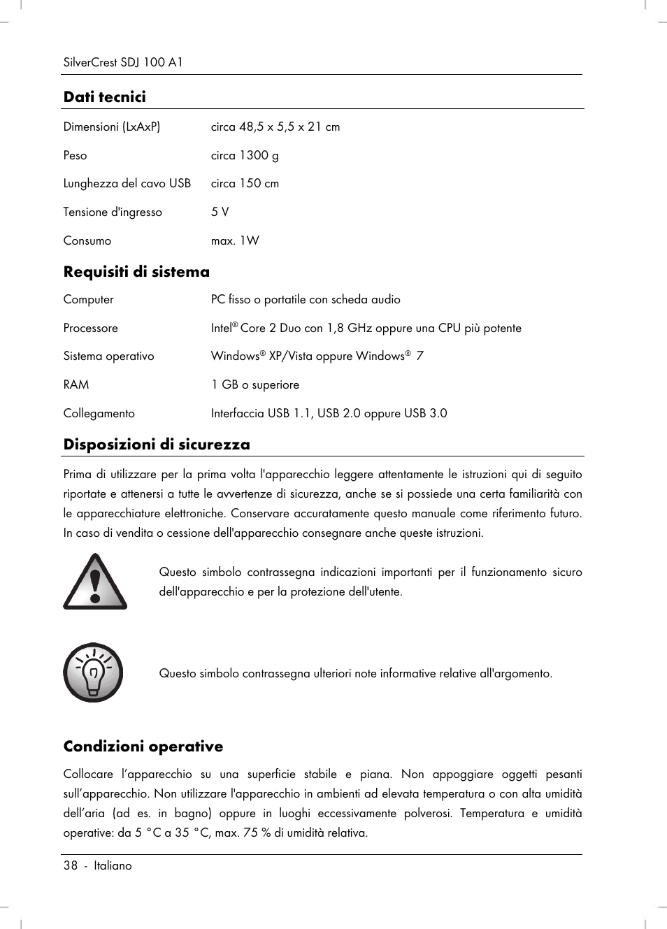 Dati tecnici, Requisiti di sistema, Disposizioni di sicurezza | Condizioni operative | Silvercrest SDJ 100 A1 User Manual | Page 40 / 90