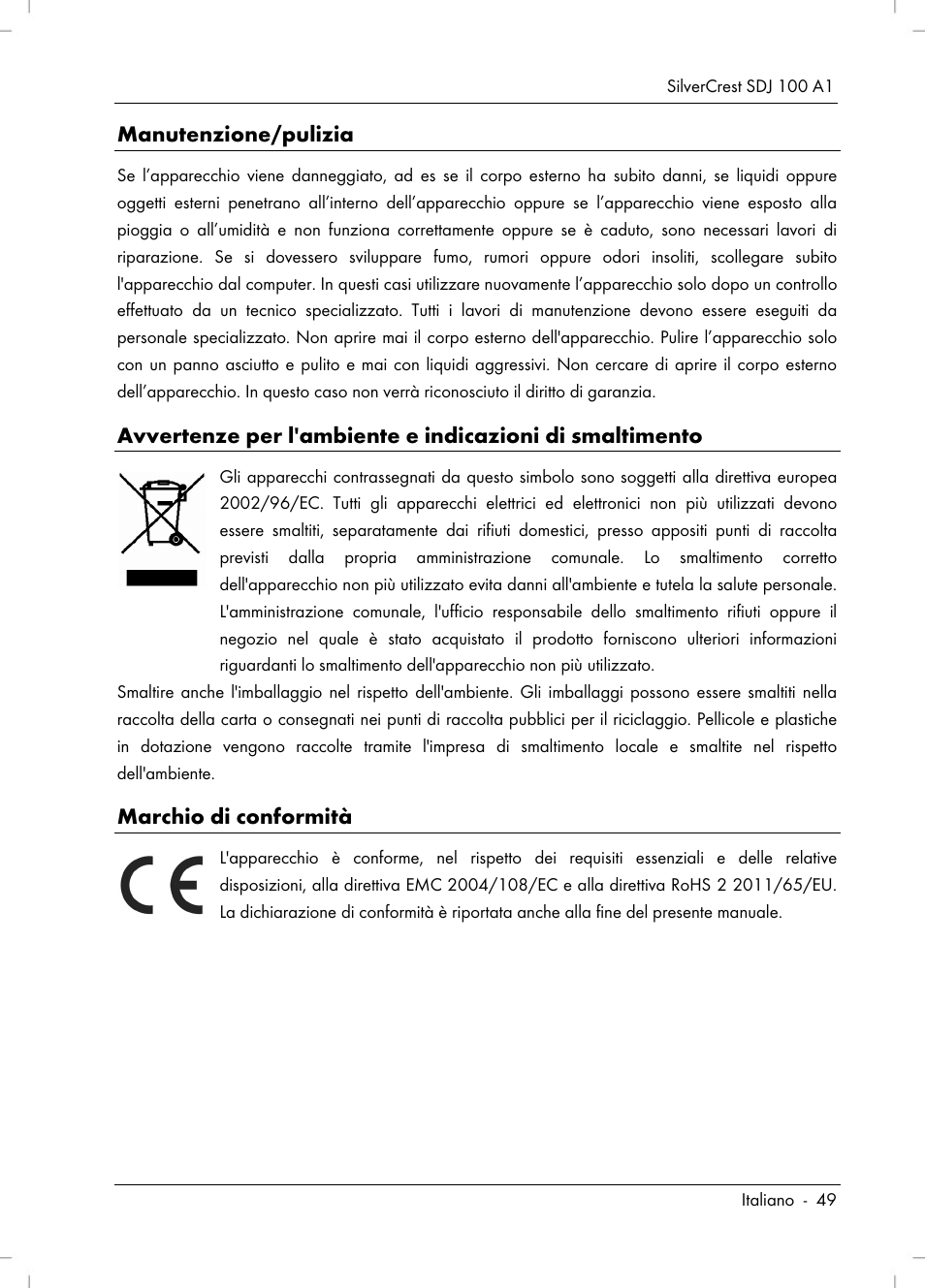 Manutenzione/pulizia, Marchio di conformità | Silvercrest SDJ 100 A1 User Manual | Page 51 / 90