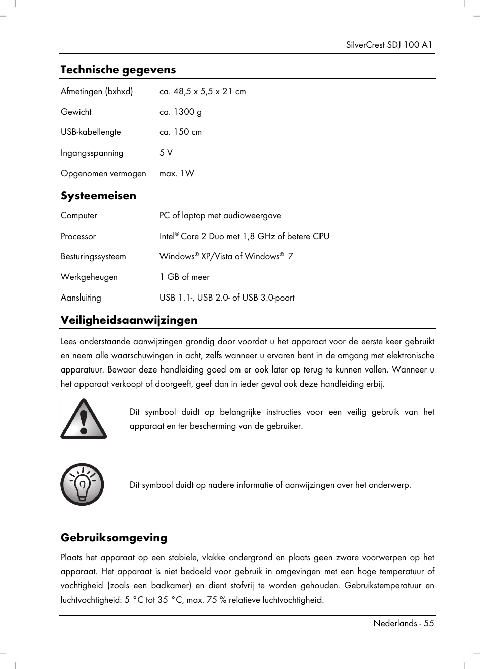 Technische gegevens, Systeemeisen, Veiligheidsaanwijzingen | Gebruiksomgeving | Silvercrest SDJ 100 A1 User Manual | Page 57 / 90